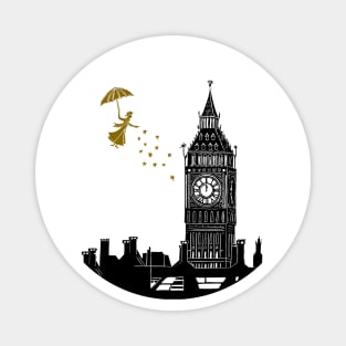 Mary Poppins and Big Ben Linocut in black and gold Magnet